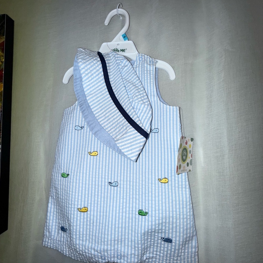 Little Me Blue and White Striped Hat with Whale Accents